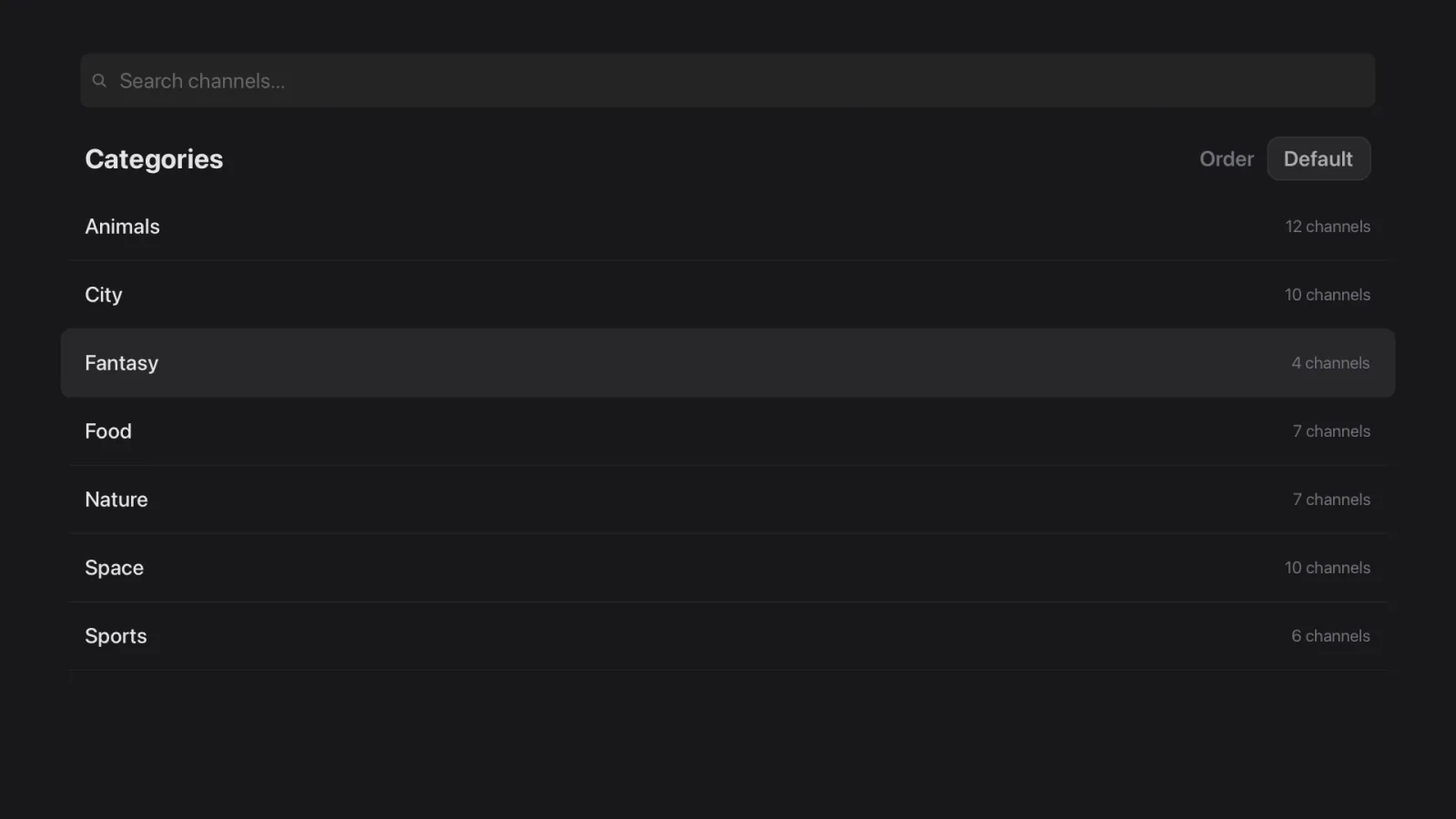 Browsing channel categories with the search bar in Tuna IPTV