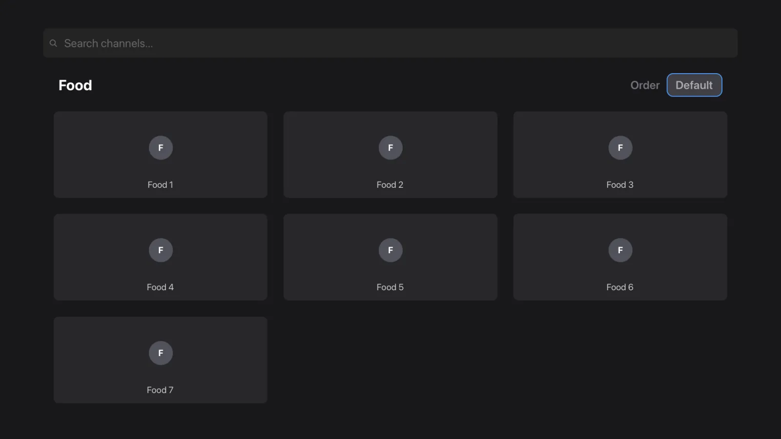 Channels shown in grid layout with the category name and sort order