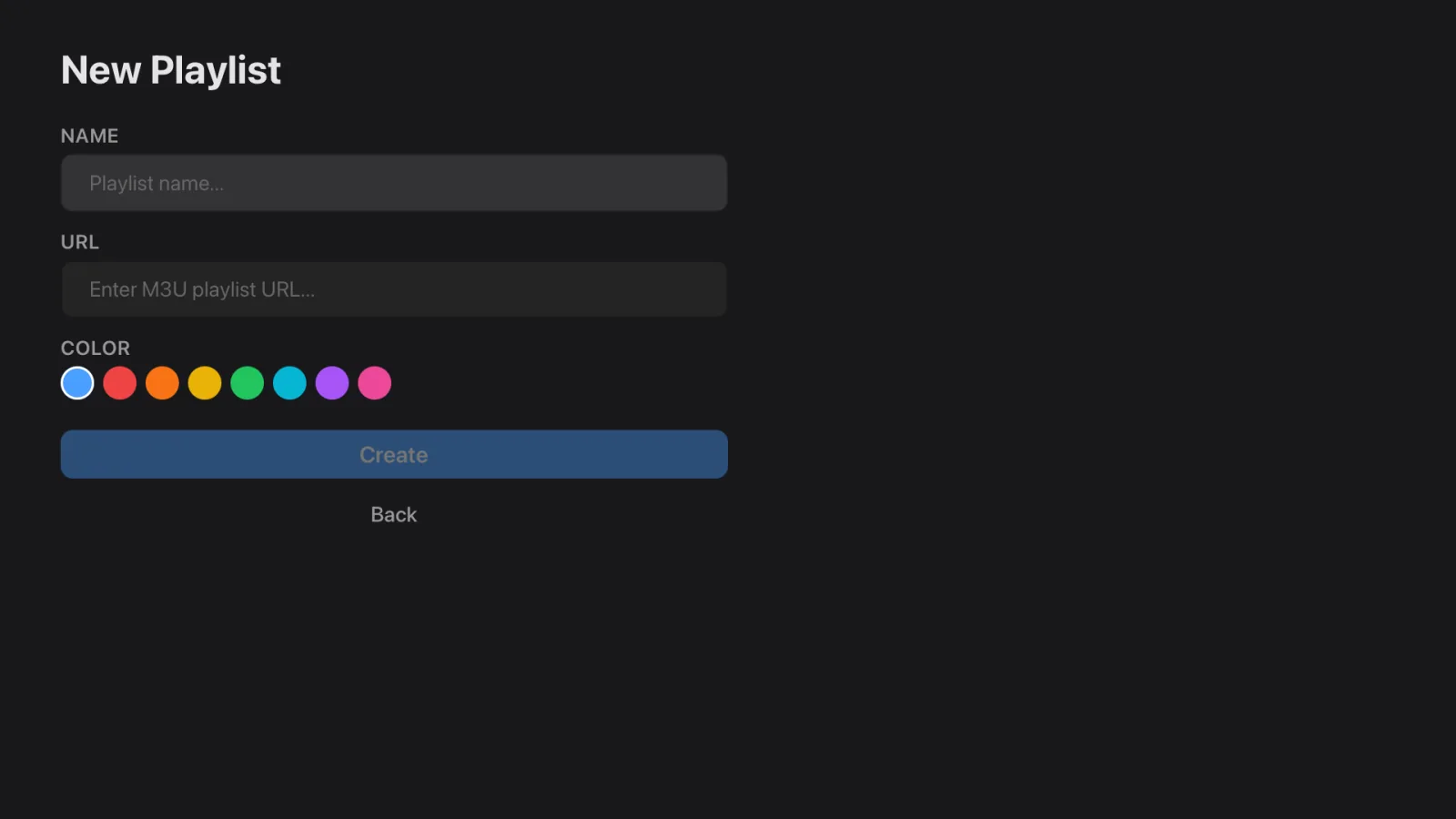 The New Playlist form with name, playlist URL and colour fields