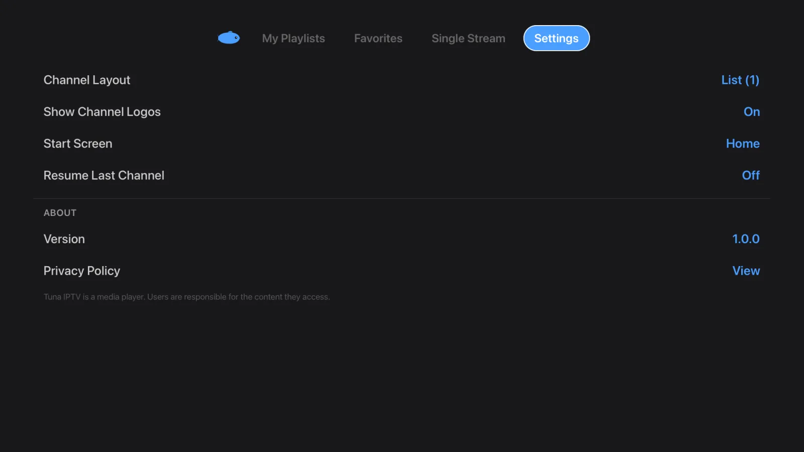 Tuna IPTV settings: channel layout, channel logos, start screen and resume last channel